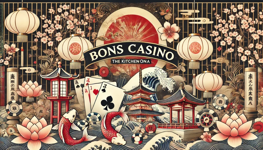 Bons Casino オンラインカジノのゲーム' On A Japanese Themed Background For A Website Called 'thekitchenona.com.' The Design Shoul